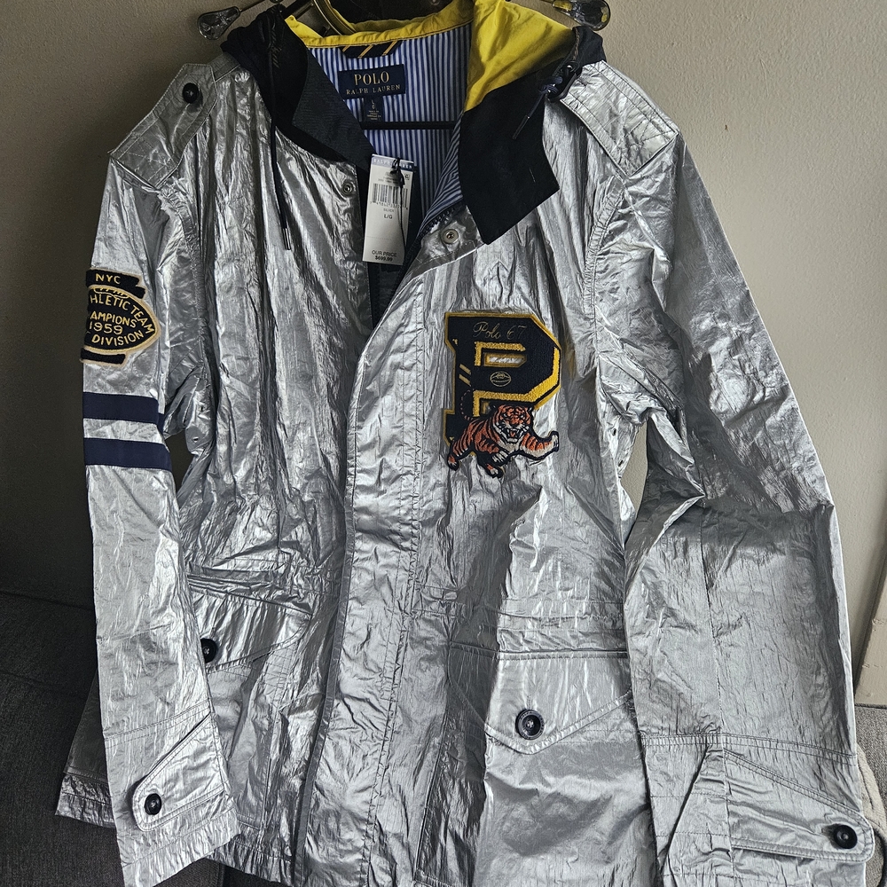 Polo by Ralph Lauren Metallic Silver Raincoat with Patch - Picture 2 of 6